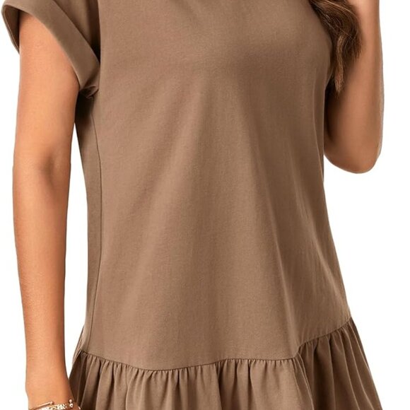 Women's Cotton Patchwork Mini Dress Short Sleeve Crewneck Casual - Picture 4 of 6